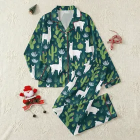 Llama Lover's Personalized Teal Cactus Bloom & Playful Llama All-Over Pattern Pajamas Satin Pajamas Set