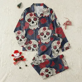 Women's Skull Lover: Intricate Sugar Skull, Rose & Spiderweb Deep Navy Print Comfort Pajamas Set Satin Pajamas Set