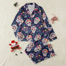 Women's Floral Sugar Skull Pajama Set: Vibrant Dia de los Muertos Art on Navy Sleepwear Satin Pajamas Set