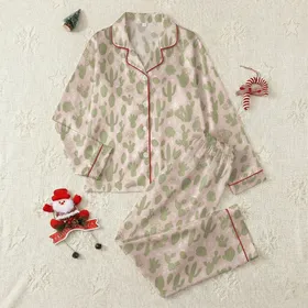 Women's Whimsical Sage Cactus Blossom Pattern Blush Pink Sleep Set Kid Satin Pajamas Set