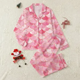 Mermaid Lover's Personalized Pajamas: Fuchsia Blush Pink Watercolor Scale Seamless Sleep Set Satin Pajamas Set