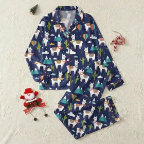 Women's Llama Lover Pajamas: Playful Desert Mountain Animal Print Sleep Set Satin Pajamas Set