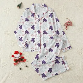 Turtle Lover: Deep Purple Sea Turtle & Ocean Coral Low Top Canvas Footwear Satin Pajamas Set