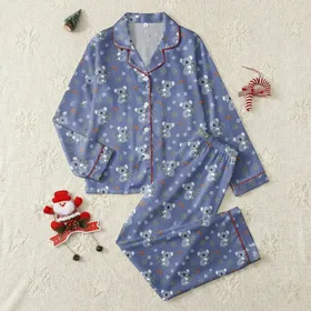 Koala Lover Women's Pajama Set: Playful Periwinkle Blue Eucalyptus Design Satin Pajamas Set