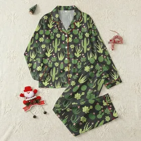 Women's & Kids' Whimsical Succulent Pajamas: Dark Grey Cactus Plant Pattern Sleep Set Satin Pajamas Set