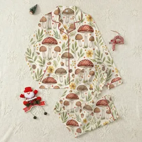 Women's Cottagecore Mushroom Pajamas: Botanical Amanita & Moss Woodland Sleep Set Satin Pajamas Set