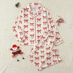 Children's Nutcracker Clara: Hand-Drawn Red Bow & Stitch Soft Knit Loungewear Satin Pajamas Set