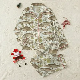 Men's Fishing Enthusiast Sleepwear: Vintage Scientific Fish & Flora Print Pajamas Satin Pajamas Set