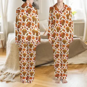 Cozy Thanksgiving Family Pajamas: Hand-Drawn Turkey Pumpkin Pie Leaf Print Two-Piece Sleep Set Satin Pajamas Set