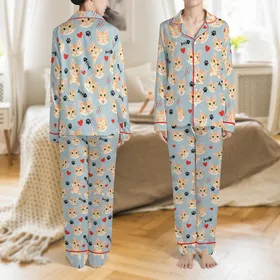 Personalized Women's Satin Pajama Set: Happy Tabby Cat Faces, Red Hearts & Paw Prints on Blue-Grey Satin Pajamas Set