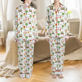 Family Christmas Cruise 2025 Personalized Pajamas: Santa Hat Ship & Palm Tree Pattern Satin Pajamas Set