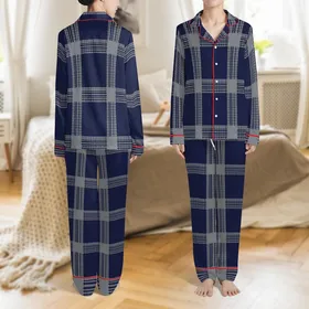 Women's Plus Size Tailored Organic Cotton Pajamas: Loose Navy Gray Gingham Plaid Satin Pajamas Set