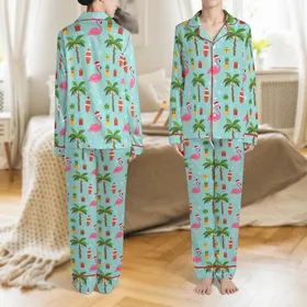 Personalized Family Matching Tropical Aqua Flamingo Palm Beach Christmas Pajama Sets, Long/Short Sleeve Satin Pajamas Set