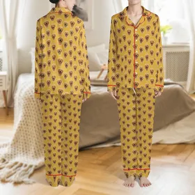 Custom Golden Retriever Faces All-Over Print Mustard Yellow Cotton Lounge Bottoms Satin Pajamas Set