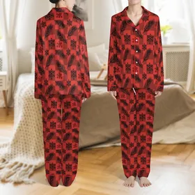 Family Celebrations Traditional Rustic Red Black Buffalo Plaid Pine Branches Berries Snowflake Graphic Satin Pajamas Set