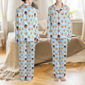 Kids' Whimsical Pastel Blue Puppy Kitten Child Faces Bone Paw Print Pattern Satin Pajamas Set