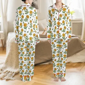October Celebrants Detailed Marigold Floral Illustration Yellow Orange Green Botanical Print Satin Pajamas Set
