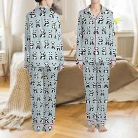 Panda Lovers' Cute Playful Panda Bear Characters Seamless Pattern with Golden Bows on Light Blue-Gray Background Satin Pajamas Set