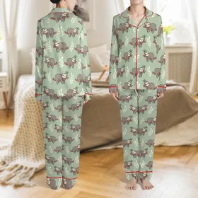 Adult Personalized Sloth Pajama: Funny Cartoon Sage Green Leaf Print Loungewear Satin Pajamas Set