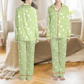 Women's Tailored Organic Cotton Loungewear Set: Abstract Botanical Ginkgo, Lime Green Cream Plus Size Sleepwear Satin Pajamas Set
