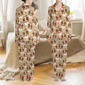 Personalized Pet Photo Pajamas: Custom Dog & Cat Name Portrait Pattern, Soft Brushed Polyester Sleepwear Satin Pajamas Set