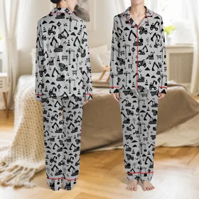 Construction Lover: Dynamic Black Heavy Machinery Pattern - Light Grey Flat Design Motif Satin Pajamas Set