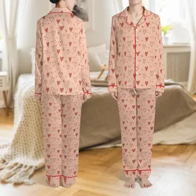 Women's Muted Peach Pink Hearts & Stars Terracotta Print Classic Collar Pajama Set Satin Pajamas Set