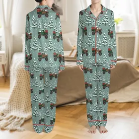 Boys & Family Christmas Sleepwear: Rustic Monster Truck Pine Tree Design - Two-Piece Loungewear Satin Pajamas Set