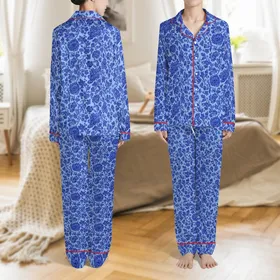Matching Family Pure Cotton Pajamas: Indigo Chinoiserie Floral Sleep Set for Lounging Satin Pajamas Set