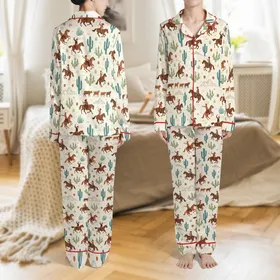 Western Santa Family: Illustrative Horse, Teal Cacti Desert Pattern - Matching Holiday Sleepwear Satin Pajamas Set
