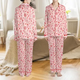 Women's Pastel Pink Candy Cane, Snowflake, & Holly Christmas Loungewear Pajama Set Satin Pajamas Set