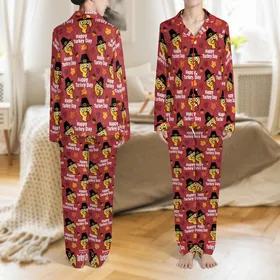 Matching Family Thanksgiving: Pilgrim Turkey Head, Happy Turkey Day & Red Plaid Cotton Blend Sleep Set Satin Pajamas Set