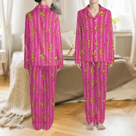 Indian Cotton Women's Fuchsia Pink Hand Block Print Tiger Stripe Pajamas Set Satin Pajamas Set