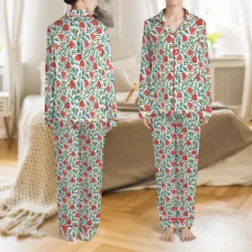 Women's Hand Block Printed Coral Red Bellflower Teal Leaf Pure Cotton Sleepwear Set Satin Pajamas Set
