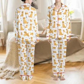 Golden Retriever Dog Lover's Cheerful Puppy & Adult Vector Pattern Soft Sleepwear Ensemble Satin Pajamas Set