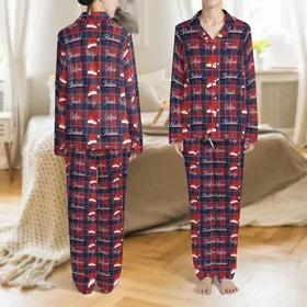 Husband & Wife Christmas Pajamas: Tartan Plaid Santa Hat Couple's Matching Sleep Set Satin Pajamas Set
