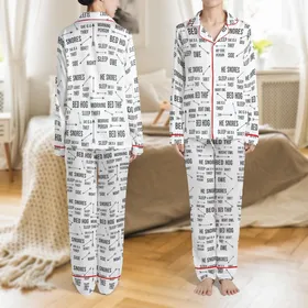 Couples Personalized Matching Pajamas: Quirky Sleep Habit Typographic His & Her Set Satin Pajamas Set