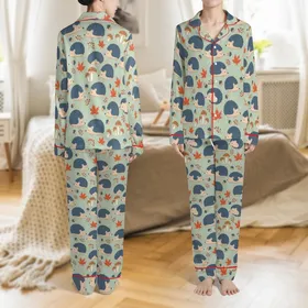 Adult Unisex Custom Face Pajamas: Cute Hedgehog Autumn Woodland Print - Soft Stretch Sleepwear Satin Pajamas Set