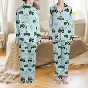 Baby's Cartoon Farm Tractor Light Blue All-Over Print Jersey Cotton Comfortwear Sizes 62-116 Satin Pajamas Set