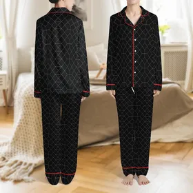 Men's Minimalist Geometric Grid Pattern Custom-Fit Double Gauze Loungewear Set Satin Pajamas Set