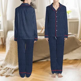 Men's Classic Navy Herringbone Woven Sleepwear PDF Pattern for Long Sleeve & Pants, All Sizes Satin Pajamas Set