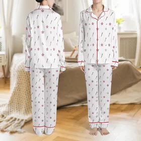DIY Pajamas Set Pattern PDF: Pale Pink Stripes, Sewing Needles, Stars & Zzz Motifs Satin Pajamas Set