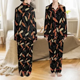 Women's Black Real Ostrich Feather Trim Full Length Polyester Blend Pajama Set Satin Pajamas Set