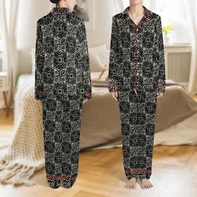 Women's Personalized Satin Long Sleep Set: Elegant Calligraphic Script Black & Off-White Design Satin Pajamas Set