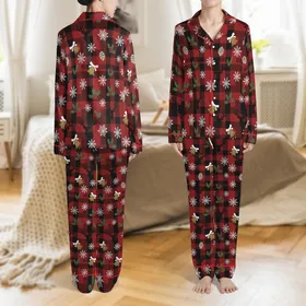 Rustic Winter: Red Black Buffalo Plaid Reindeer Snowflake Holly Berry Pattern Art Satin Pajamas Set