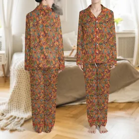 Women's 1970s Folk Art Floral Cotton Sleep Set - Boho Print Loungewear with Contrast Piping Satin Pajamas Set