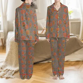 Women's Muted Slate Blue Cotton Pajama Set: Hand-Drawn Floral Block Print Loungewear Satin Pajamas Set