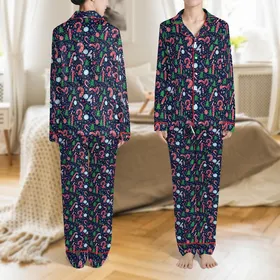 Kids & Family Long Sleeve Pajamas: Navy Numeric Christmas Motif with Holly & Candy Canes - Cozy Sleep Set Satin Pajamas Set