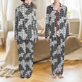 Bridesmaid & Junior Party Personalized Satin Sleep Ensemble: Elegant Black White Cursive Script Pattern Satin Pajamas Set