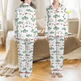 Boys Baby Gone Fishing Whimsical Bass & Trout Pattern Soft Bamboo Sleepers Satin Pajamas Set